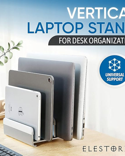 Elestoria 5- Slot Vertical Laptop Stand - Aluminum Laptop Stand Vertical for Desk - Adjustable Width (12-38mm) Fits MacBook Pro/Air, Surface & Gaming Laptops upto 17.3" - Heavy Duty Laptop Holder-Grey