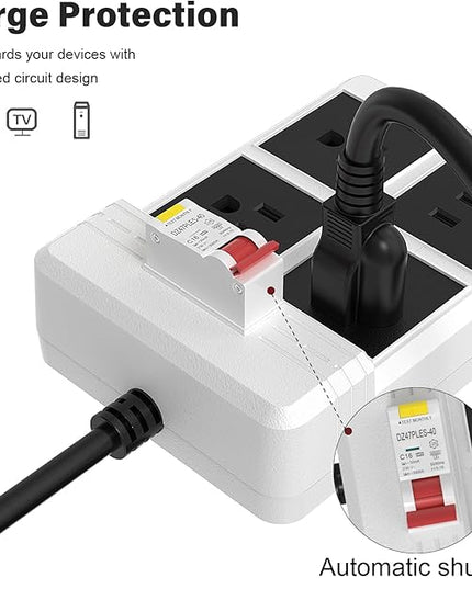 GFCI Power Strips with 9.84 FT Heavy Duty Extension Cord, 4 Gang Sockets 15A Fused SAFEMORE Power Strip 1875J with 30mA RCBO Leakage Protection, for Workshop Garage RV Indoor (White)