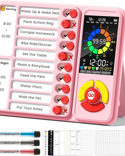 ADHD Tool for Kids, 5-in-1 Visual Timer with Chore Chart Board, Visual Schedule for Kids, 12/24 Task Timer with 99'59'' Countdown/Countup, 5 Alarms, Silent Operation Visual Schedule for Autism - Pink