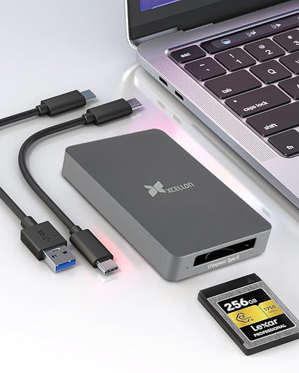 CFexpress Type B Card Reader with USB 3.2 Gen 2, 10Gbps High-Speed Data Transfer, USB C to USB C/USB A Cable, Aluminum Enclosure, Push Lock and Security LED Indicator