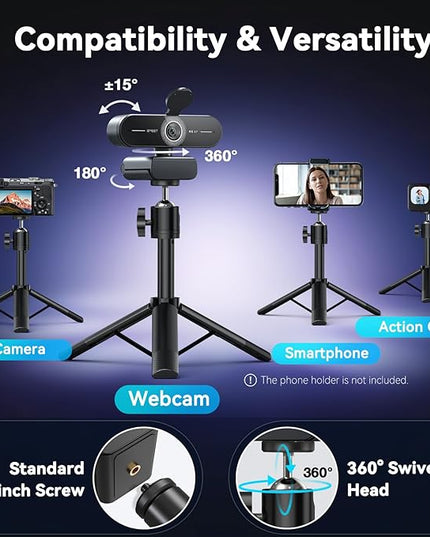 EMEET C60E 4K Webcam with Tripod, Streaming Camera with PDAF Autofocus, Dual Microphones, Auto Light Correction, 73° FOV, Plug & Play USB Webcam for Live Streaming, Gaming & Real-Time Interaction