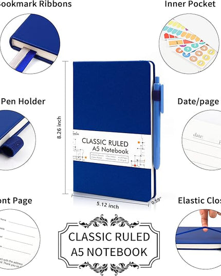 feela 24 Pack Journal Notebook for Work, Business Notebook Bulk Hardcover Lined Writing Journal with Pen Holder for Men Women Note Taking, with 24 Black Pens, 120 GSM, 5.1”x8.3”, A5, Navy