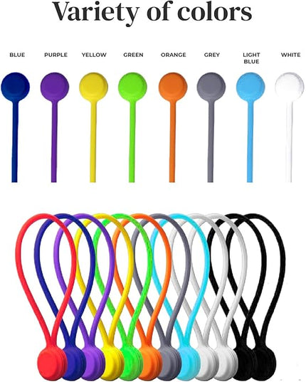 Magnetic Cable Management Organizer | 12 Pack Reusable Cable Ties & Cord Holder with Magnetic Clips | Silicone Cable Ties & Cord Keeper for Smart Home Gadgets, Assorted Colors