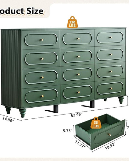12 Drawer Fluted Dresser for Bedroom, Mid Century Modern Chest of Drawers, Wood Storage Small Dresser Organizer for Bedroom Living Room Hallway Closet, Green