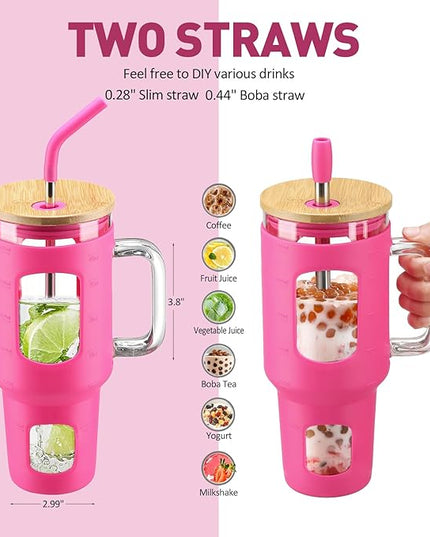 Glass Tumbler with Straw and Lid, 40 oz glass cup with handle, Glass Water Bottles with Time Marker, Silicone Protective Sleeve-Rose Red