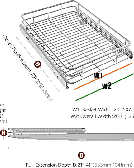 JOWBOOW Pull Out Cabinet Organizer (20" W x 21" D), Put Out Shelves for Kitchen Cabinets, Roll Out Drawers Heavy-Duty Metal Sliding Shelf, Bottom Mount