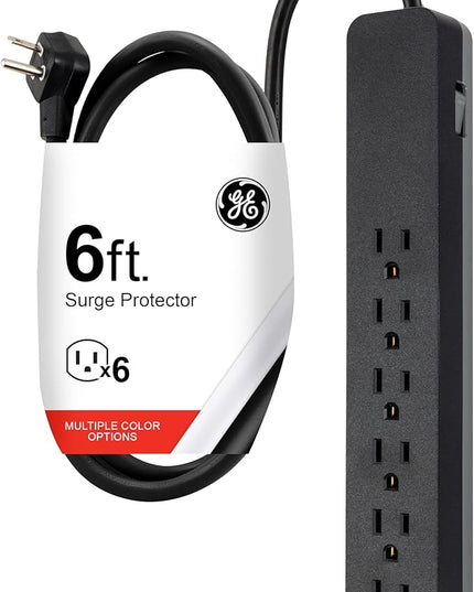 GE 6-Outlet Surge Protector, 6 Ft Extension Cord, 1080 Joules, Power Strip, Flat Plug, Integrated Circuit Breaker, Wall Mount, ETL Listed, Black, 37211