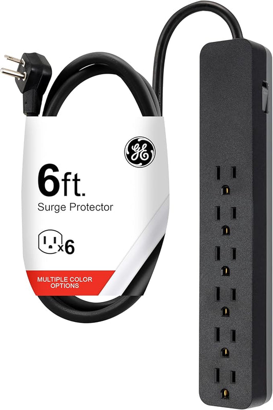 GE 6-Outlet Surge Protector, 6 Ft Extension Cord, 1080 Joules, Power Strip, Flat Plug, Integrated Circuit Breaker, Wall Mount, ETL Listed, Black, 37211