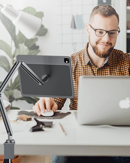 KU XIU Magnetic iPad Pro 12.9 Stand, Aluminum Alloy Foldable Arm Mount or Working, Multi-Node Adjustable Tablet Holder for iPad Pro 12.9" 3rd/4th/5th/6th Gen-Gray