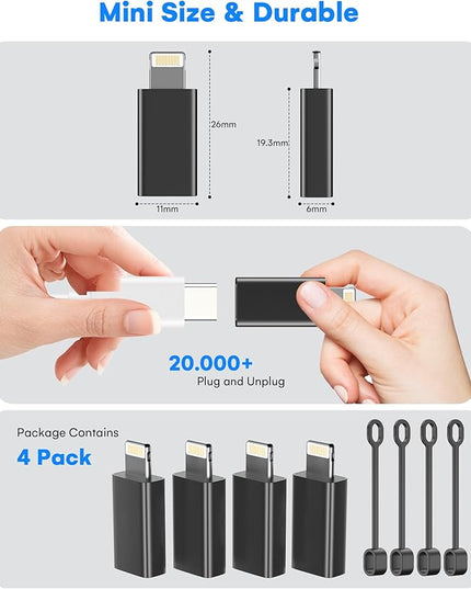 MFi Certified USB C to Lightning Adapter 4-Pack, 27W Fast Charging & Data Sync, Lightning to USB Type C Cable Adapter Compatible with iPhone 14/13/12/Pro/Max, iPad, AirPods, with Anti-Loss Lanyard