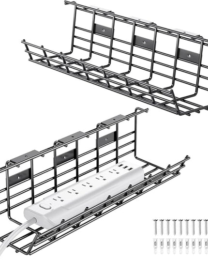 2 Pack DELAMU Under Desk Cable Management Tray, Large Metal Cord Organizer, Office & Home Cord Wire Management Under Desk Shelf, Easy Install Pre-drilled Cable Organizer, Black