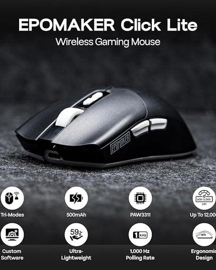 EPOMAKER Click Lite Wireless Gaming Mouse, 800 to 12,000 DPI Adjustable, PAW3311 Sensor, 500mAh, 59g, 2.4G/BT/USB-C Rechargeable Wireless Mouse with 5 Programmable Buttons for PC/Mac/Linux (Black)