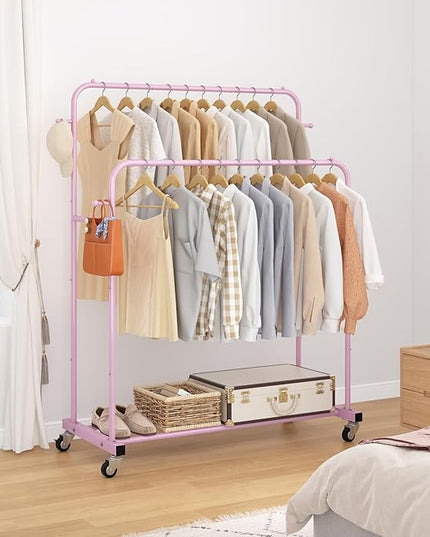 Laiensia Double Rods Garment Rack with Wheels, Clothing Rack for Hanging Clothes,4 Hooks, Multi-Functional Bedroom Clothes Rack, Pink