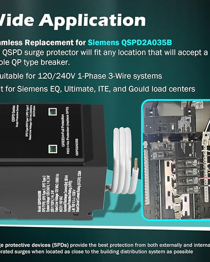 Replacement for Siemens QSPD2A035B 1-Phase 3-Wire Surge Protection Device, 120/240 VAC, 35 kA SCCR, 2 Poles