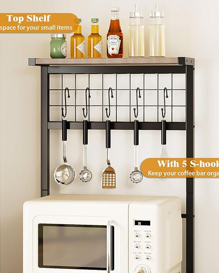 GiftGo Small Coffee Bar Station Narrow Corner Baker Rack Stand with 2 Storage Fabric Drawers 5 S Hooks for Small Spaces Farmhouse Bakers Rack for Kitchen, Entryway, Living Room (Grey, Narrow)