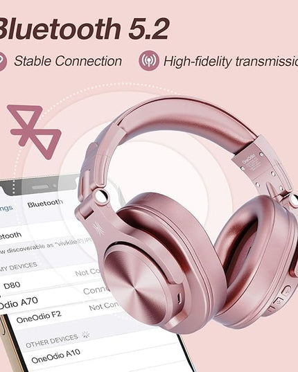 OneOdio A70 Bluetooth Over Ear Headphones, Wireless Headphones w/ 72H Playtime, Hi-Res, 3.5mm/6.35mm Wired Audio Jack for Studio Monitor & Mixing DJ Guitar AMP, Computer Laptop PC Tablet - Rose Gold