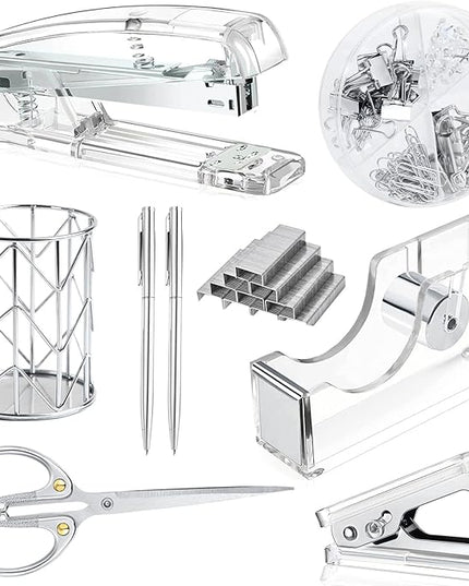 Office Desk Accessories，Office Supplies Set Acrylic Stapler Set Staple Remover, Tape Holder, Pen Holder, 2 Ballpoint Pen, Scissor, Binder Clips, Paper Clips and 1000pcs Staples(Silver)