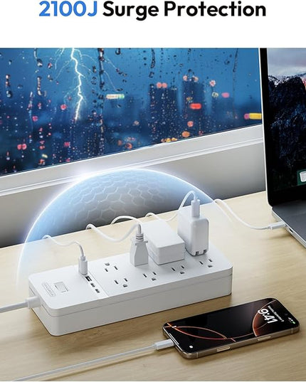 25 ft Extension Cord Flat Plug, NTONPOWER 8 Outlet Surge Protector Power Strip with USB Ports, 1080 Joules, 15A Circuit Breaker, Wall Mount for Home Office Workshop or Garage, ETL Listed, White