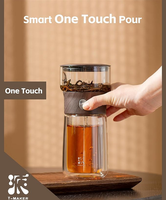 ZENS Modern Glass Infuser Teapot, One Touch Tea Maker for Loose Leaf Tea with Insulated Mug and Portable Case. Enchanted Pot Alternatives for Tea Lover Gifts