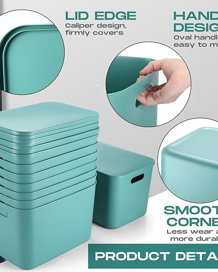 Hoolerry 8 Pieces Colorful Storage Bins with Lid, Plastic Storage Basket Organizing Container Stackable Box with Handle for Shelves Desktop Playroom Office(14.2 x 10.2 x 9.5 Inch,Green)