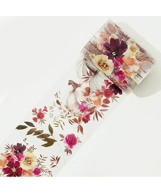 WT Autumn Rose Wide PET Tape, Single Roll, Original Designs, Floral Decorative Tape, Transparent Craft Tape for Bujo Planner & DIY Supplies, Watercolor Flowers