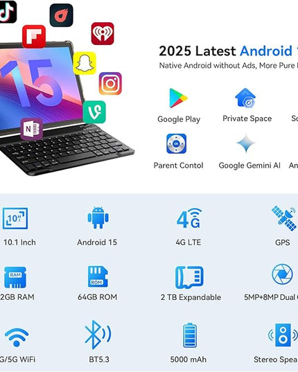 Topsand Android Tablet 10 inch, Android 15 Tablet with Keyboard, Mouse, 4G LTE Cellular, IPS Display, MediaTek Octa Core Processor, 12GB+64GB, 2TB Expandable,5G Wi-Fi, GPS, 2-in-1 Tablets with Case