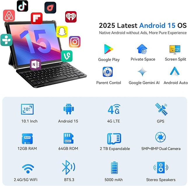 Topsand Android Tablet 10 inch, Android 15 Tablet with Keyboard, Mouse, 4G LTE Cellular, IPS Display, MediaTek Octa Core Processor, 12GB+64GB, 2TB Expandable,5G Wi-Fi, GPS, 2-in-1 Tablets with Case