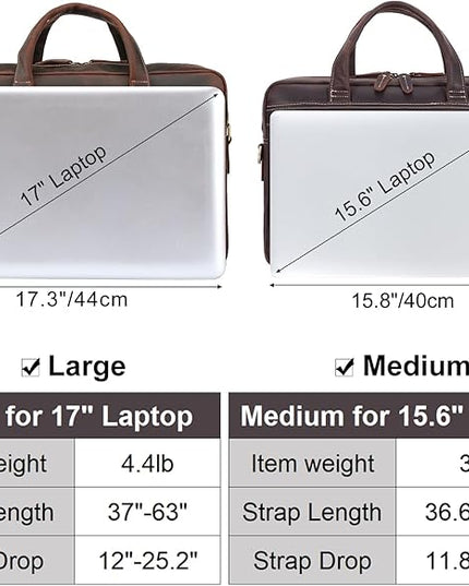 Masa Kawa Leather Briefcase for Men 15.6", 17" Laptop Computer Case Business Travel Work Messenger Cross Body Shoulder Bag