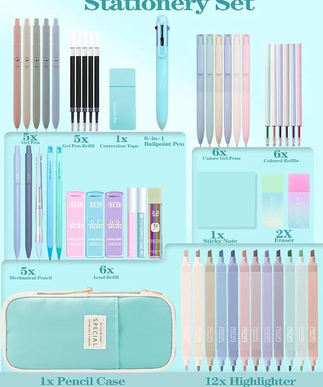 54pcs Aesthetic School Supplies Cute Stationary Set with Pencil Case 12 Highlighters, 5 Black & 6 Color Ink Gel Pens, 6-in-1 Ballpoint Pen,5 Mechanical Pencils 0.5-2.0mm for College Essentials (Blue)