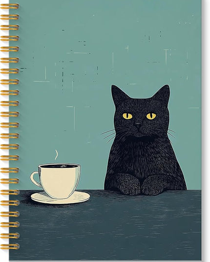 ROXMART Vintage Coffee Black Cat Spiral Notebook Journal, Cat Lover Mom Lady Gifts for Women, Funny Black Kitty Kitten with Coffee Hardcover Notebook Journal, 5.5x8.3 Inch