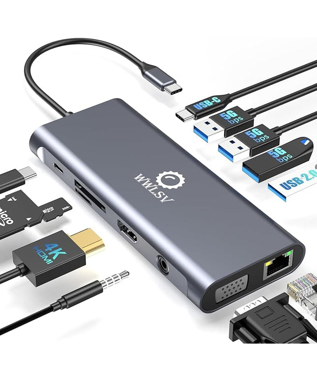 Laptop Docking Station, 12-in-1 USB C Hub – Dual Monitor with 1x 4K@60Hz HDMI, VGA, 100W PD, Ethernet, 3× USB 3.0, USB-C Data Port, SD/TF Card Reader, Audio – Compatible with MacBook, Dell, HP, Lenovo