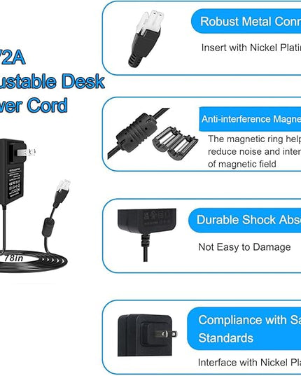 12V 2A Wall Plug-in Adjustable Desk Power Adapter for Single Motor Standing Desk, 12V Standing Desk Motor Power Cord，Compact Direct Plug Design, 24W Charger