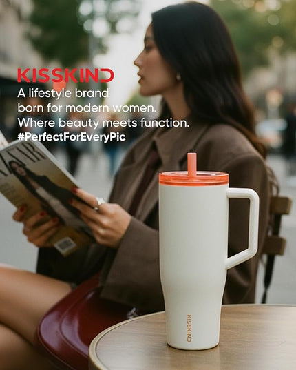 KISSKIND 40 oz Lumispin Tumbler with Handle and Hidden Straw, 100% Leak Proof Water Cup with Handle, Insulated Water Bottle for Travel, Mom, Nurse, Teacher, Student, Velvety Cream