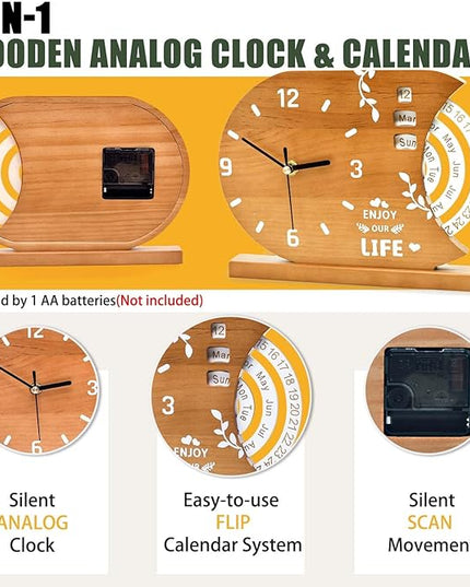 2-in-1 Wooden Analog Clock & Calendar - Silent No Ticking Desk Clocks Perpetual Calendar for Office, Bedroom, Study - Vintage Home Shelf Table Decor - Flip Date, Month & Day of The Week