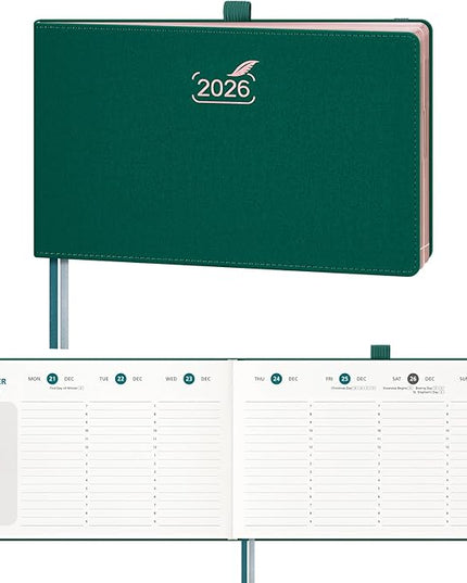 BEZEND 2026 Planner Weekly and Monthly (9" x 5.5") Calendar Book with Daily Vertical Timeslot & Note (Jan-Dec), Equal Space Even Weekends, Work Home Women, PU Leather Hardcover - Evergreen