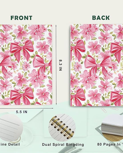 JKMBN Coquette Pink Bow Floral Spiral Notebook For Women, Maximalist Journaling Notebooks, Cute Pink Notebook Journal, Pink Office Supplies, Hardcover Spiral Lined Notebook 5.5 x 8.3