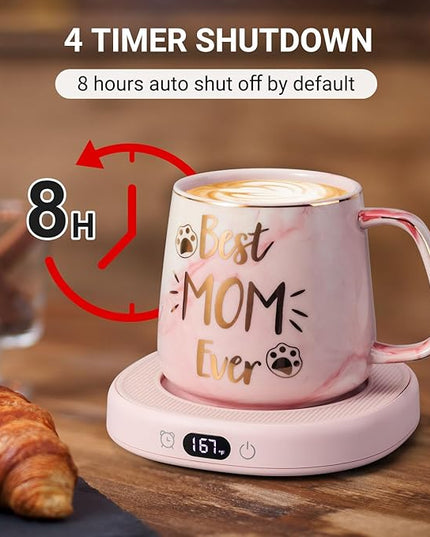 Coffee Mug Warmer & Best MOM Ever Mug Set, Electric Cup Warmer for Desk, Beverage Warmer with 4 Temperature Setting, 8H Auto Shut Off, Mom Gifts from Daughter Son