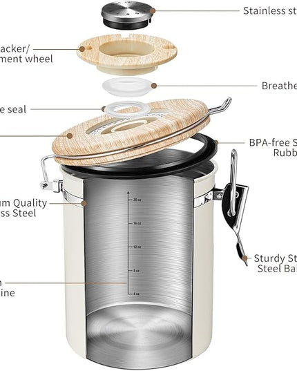 Veken Coffee Sugar Canister with Window, Coffee Lover Gift Set,Airtight Stainless Steel Kitchen Food Storage Container Gifts, Date Tracker & Scoop for Grounds Coffee,Beans,Tea,Flour,Cereal,22OZ,Cream