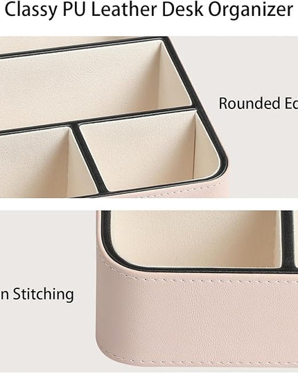 MEIBOOCH Remote Control Holder, PU Leather Small Desk Organizer with 4 Compartments, Nightstand Organizer Desk Caddy for Remote, Notepad, Phone, Glasses, and Accessories (Pink)