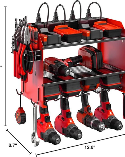 CCCEI Modular Power Tool Organizer Wall Mount with Charging Station. Garage Drill Storage Shelf with Hooks, Heavy Duty Rack, Tool Battery Holder Built in 8 Outlet. Gift for Men. Red, 2 Pack.