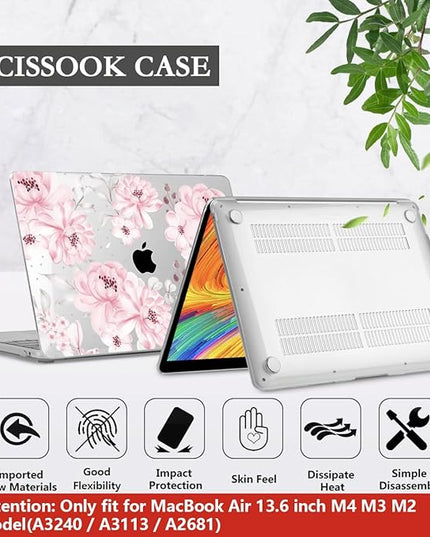 CISSOOK Compatible with MacBook Air 13.6 inch Case M4 M3 M2 Chip 2025 2024 2023 2022 Release, Plastic Hard Shell Case Keyboard Cover Screen Protector for Mac Air 13 A3240 A3113 A2681, Cute Pink Flower