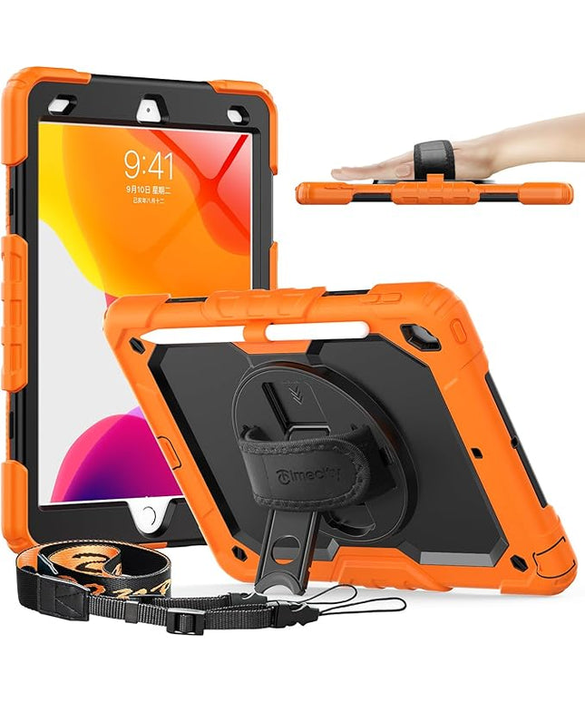 Timecity Case for iPad 9th/ 8th/ 7th Generation 10.2 inch - Heavy Duty Protective Cover with Screen Protector, Rotating Stand, Shoulder Strap & Pencil Holder | Kids-Friendly (Orange)