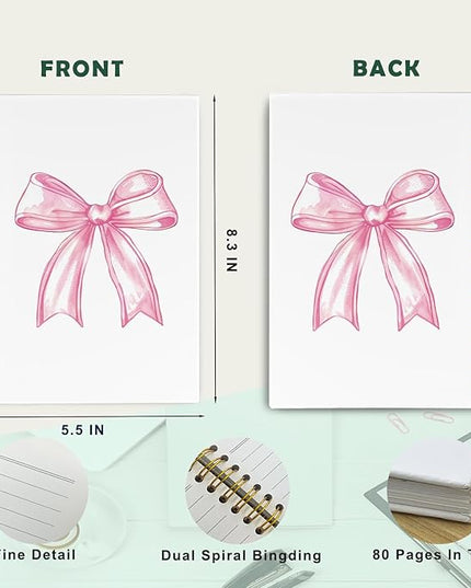 JKBMN Trendy Coquette Pink Bow Jonrnaling Notebooks, Preppy Aesthetic Spiral Notebook for Girl, Cute Pink Notebook Journal, Pink Office Supplies, Hardcover Spiral Notebooks College Ruled 5.5 x 8.3