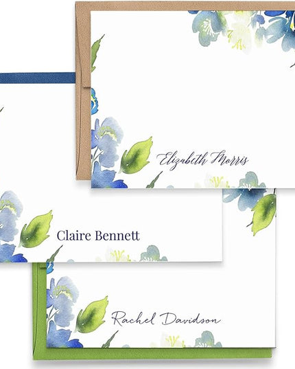 Personalized Floral Stationary with Envelopes, FLAT OR FOLDED, Watercolor Floral Stationery Set for Women, Blue and Green Personalized Floral Notecards with Envelopes, Choice of Colors and Quantity