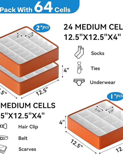 Fashion Leather Sock Underwear Drawer Organizer clothes, Closet Dividers，64 Cell (16+24+24) Foldable Leather Storage Box for Panties, Ties, Accessories（3 Pack）