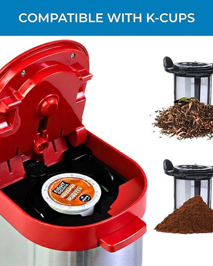 Kenmore Single Serve Coffee Maker – 6–14 Oz Brew Sizes, Compatible with Keurig K‑Cup Pods & Ground Coffee, One Cup Brewer, Travel Mug Friendly, Auto Shut‑Off, Hot & Iced maquina de cafe, Red