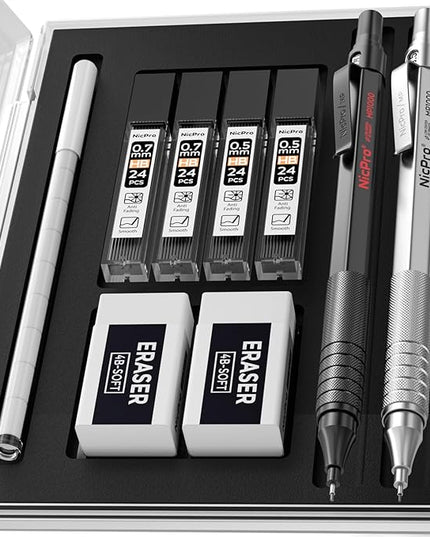 Nicpro 2 PCS Mechanical Pencils 0.5mm & 0.7 mm with Case, MP1000 Metal Artist Pencil Set with 4 Tubes HB Lead Refills, 2 Erasers, 9 Eraser Refills For Art Writing Drafting Drawing, Black & Silver