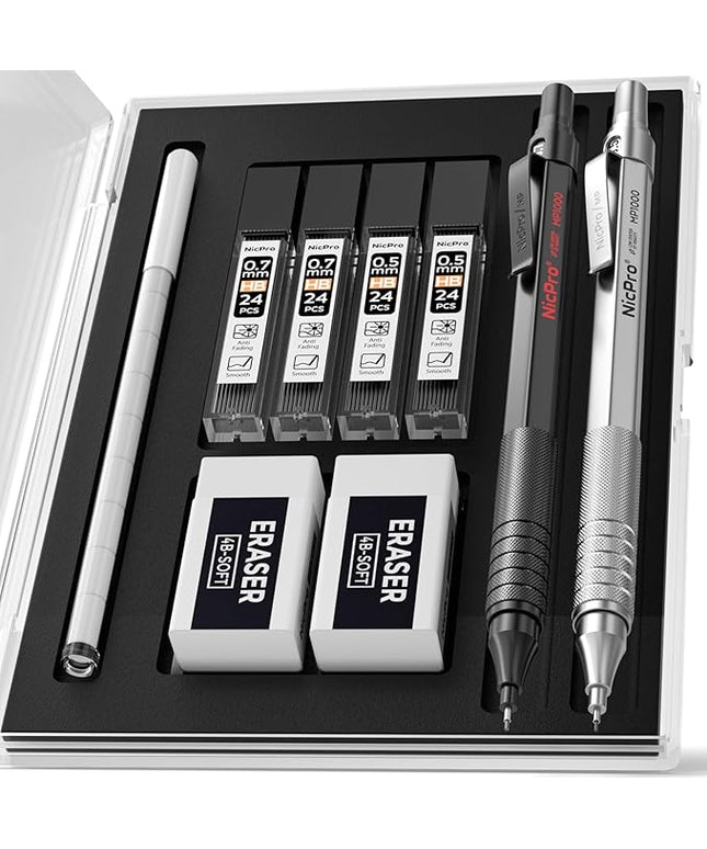 Nicpro 2 PCS Mechanical Pencils 0.5mm & 0.7 mm with Case, MP1000 Metal Artist Pencil Set with 4 Tubes HB Lead Refills, 2 Erasers, 9 Eraser Refills For Art Writing Drafting Drawing, Black & Silver