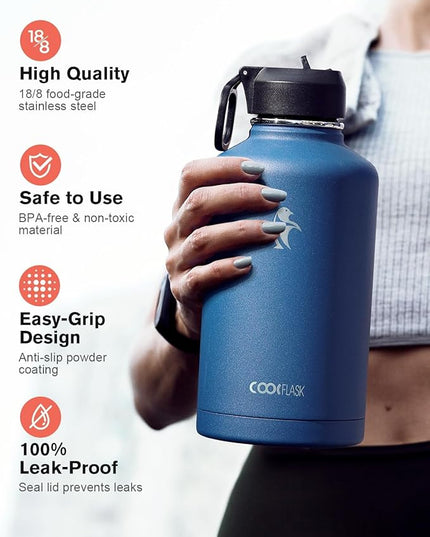 Water Bottle Insulated 64 oz with Straw & 3 Lids, Coolflask Half Gallon Water Jug Large Metal Stainless Steel Wide Mouth for Sports, Gym or Office, Non-BPA Keep Cold 48H Hot 24H, King's Blue