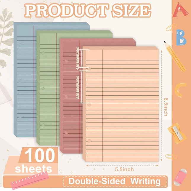 100 Sheets Half Letter Lined Paper 5.5 X 8.5 In Colored Notebook Paper College Ruled Loose Leaf Paper 3 Hole Punched Half Mini Binder Inserts Fit 3 Ring Binder for School Office